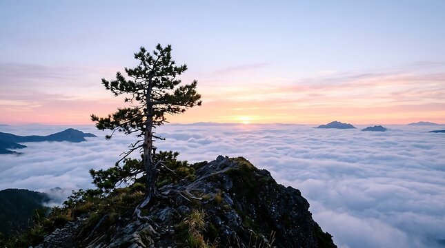 Serene mountain landscape, misty valley, lone pine tree, sunset sky
