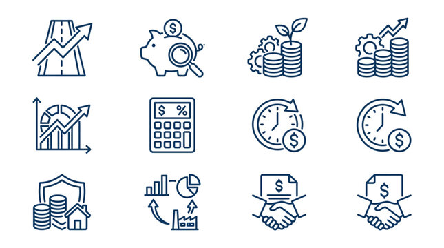 Financial Growth Icons: Piggy Bank, Calculator, Graph, Time, Money, Investment, Business
