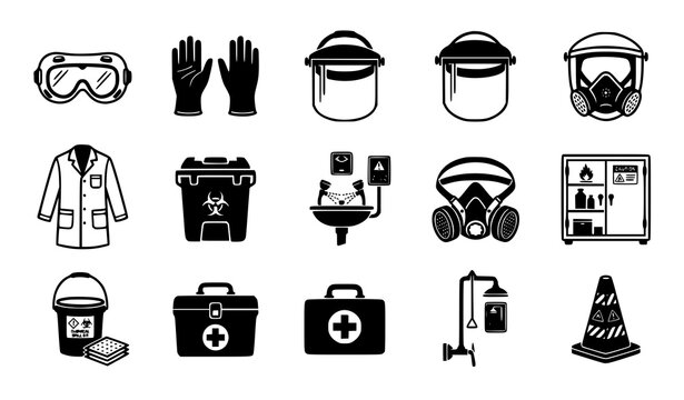 Industrial Laboratory Safety and Personal Protective Equipment PPE Icon Set featuring Respirator, Face Shield, Eyewash Station, and Hazard Control Elements Vector