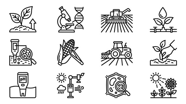 Agriculture Technology Icons: Farming, Biotechnology, Soil Science, Crop Growth
