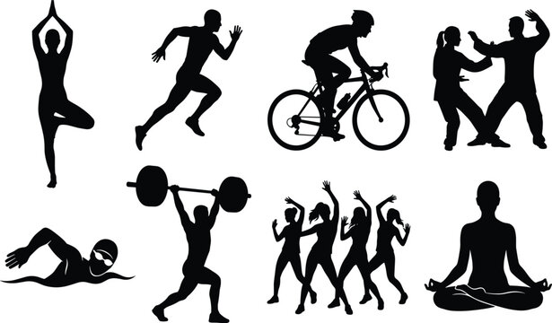 Sports training and fitness activities black silhouette vector illustration graphic icon set