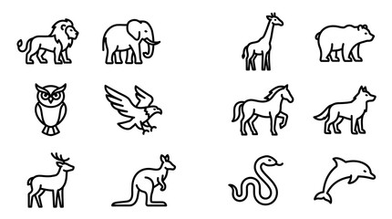Obraz premium Collection of Animal Icons: Lion, Elephant, Giraffe, Bear, Owl, Eagle, Horse, Wolf, Deer, Kangaroo, Snake, Dolphin