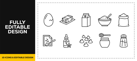 flat vector illustration line art icon bundle set design featuring cooking breakfast preparation breaking fresh eggs pouring milk sweet honey and morning culinary process app ui © Md