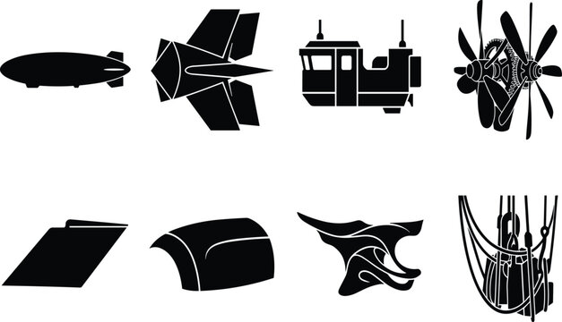 Steampunk aviation and retro sci-fi airship vector stencil set featuring dirigible blimps mechanical propellers cockpit modules and industrial rigging silhouettes
