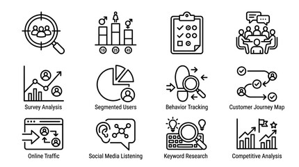 Fototapeta premium Digital Marketing Icons: Analytics, Strategy, SEO, Customer Journey, Social Media & Traffic