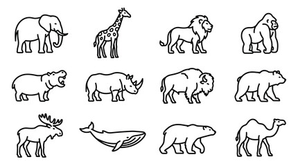 Fototapeta premium Collection of Safari and Wild Animal Icons - Elephant, Lion, Giraffe, Gorilla, Rhino, Hippo
