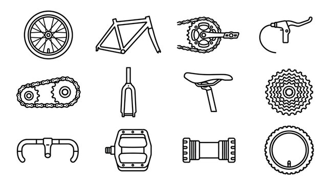 Bicycle Parts Icons: Wheel, Frame, Crankset, Brakes, Saddle, Gears, Handlebars, Pedals