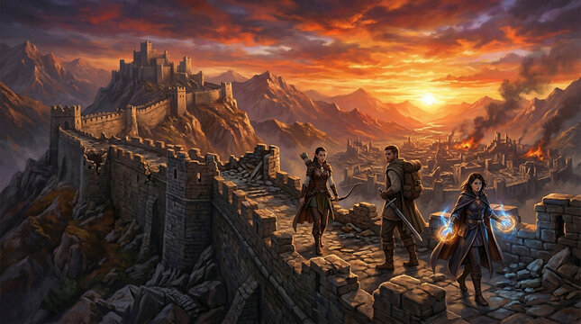 Epic Fantasy Landscape: A group of adventurers stand on a crumbling ancient wall, overlooking a city in ruins under a dramatic sunset sky.