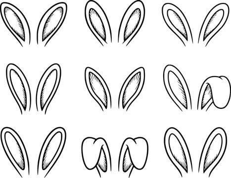 Set of hand-drawn bunny rabbit ears in various positions and styles isolated on a white background for easter