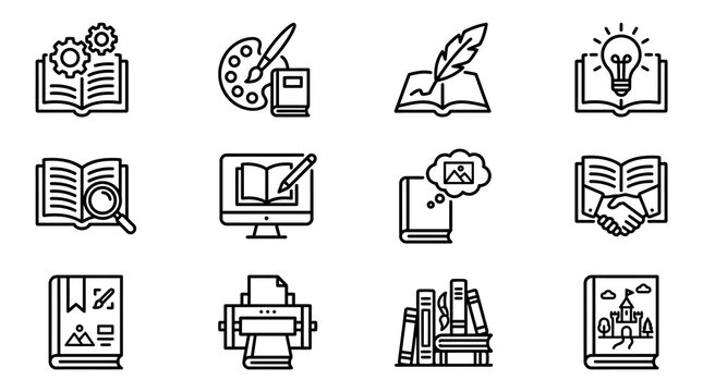 Collection of book icons representing education, creativity, writing, and knowledge sharing
