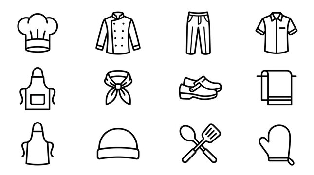 Culinary Uniform Icons: Chef Hat, Coat, Apron, Scarf, Shoes, Oven Mitt