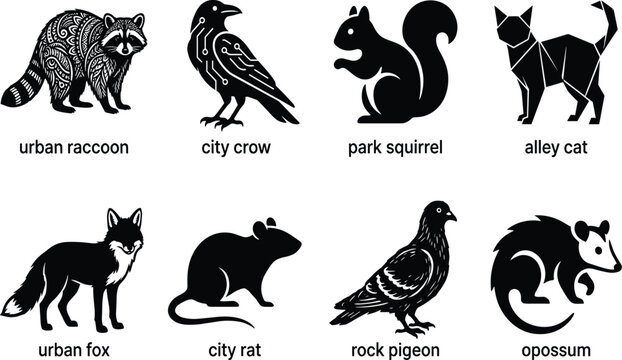 Urban Wildlife Animal Silhouette Icon Set with Raccoon Fox Crow Pigeon Rat and Squirrel Vectors