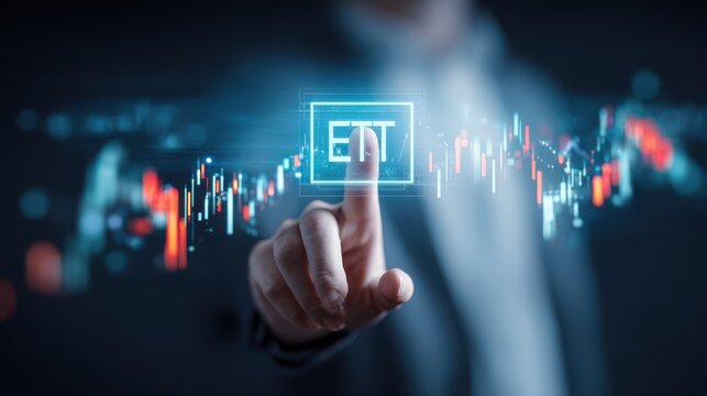 Businessman touching a glowing ETT symbol on a virtual screen with financial stock market graphs and data, representing investment and trading concepts.