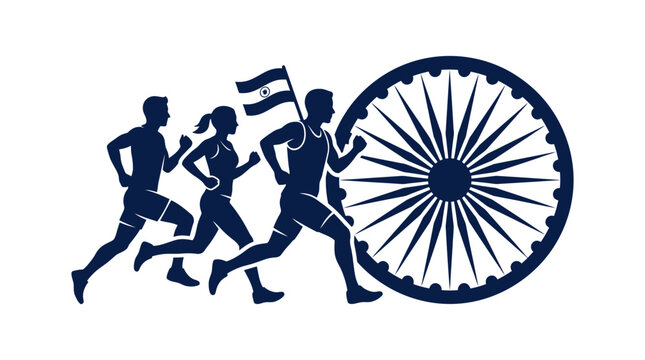 Silhouette illustration of three runners with an Indian flag and the Ashoka Chakra wheel.