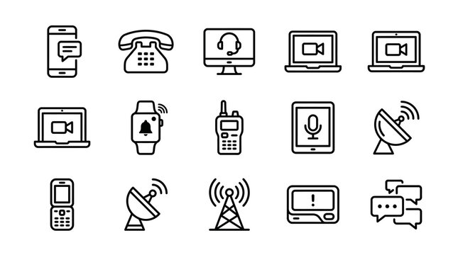 Communication Icons Set: Mobile, Phone, Laptop, Tablet, Satellite, Radio, Chat