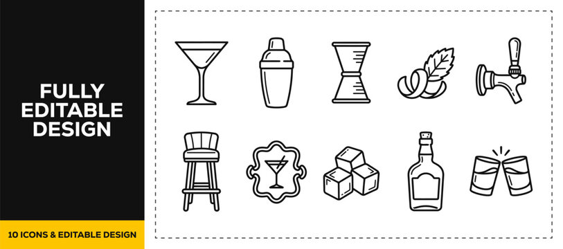flat vector illustration line art icon bundle set design covering cocktail bar drinks bartender tools mixer glasses ingredients beverage and alcohol pub menus ui app