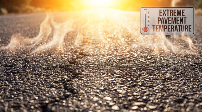 extreme heat warning road heat haze asphalt summer mirage alert showing a roadside sign beyond shimmering pavement for public advisories climate response and seasonal safety campaigns