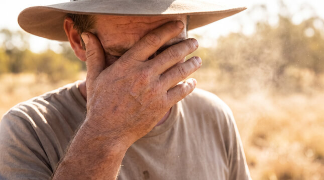 sweaty man summer heat outdoor fatigue sun exposure dehydration relief showing a hand wiping a forehead under a hat for heat stress awareness work breaks and personal safety messaging