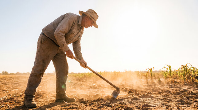 agriculture worker heatwave dry field summer drought farming labor showing a person hoeing under a blazing sky for occupational health climate resilience and rural hardship content
