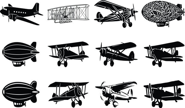 Vintage Airplane and Airship Icon Set with Biplane Monoplane and Zeppelin Vector Silhouettes