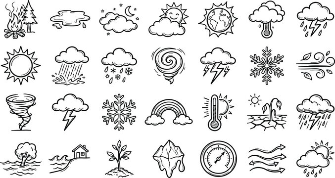 Hand Drawn Weather Forecast and Climate Change Icon Set Featuring Natural Disaster Symbols for Handcrafted Style Layouts and Mobile Applications