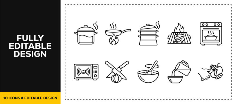 flat vector illustration line art icon bundle set design representing home kitchen appliances cooking equipment stoves microwaves pots pans and preparation tools web ui