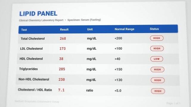 Comprehensive animated lipid panel report template: detailed cholesterol test results with high LDL and triglyceride values flagged