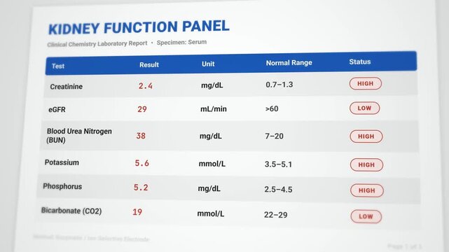 Comprehensive animated kidney function panel report template: detailed creatinine and eGFR test results with abnormal renal values flagged