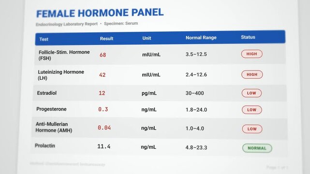 Comprehensive animated female hormone panel report template: detailed menopause test results with high FSH and low estradiol values flagged