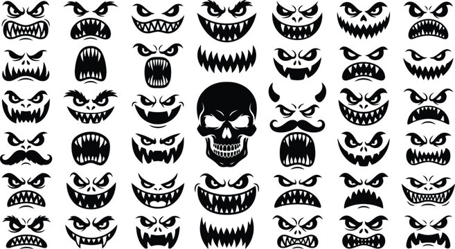 Spooky halloween faces and skulls for decorations and costumes