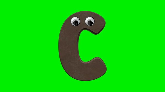 Funny cartoon letter character with 3d chocolate texture and eyes on green screen