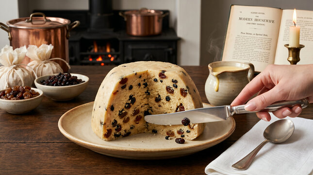 Traditional Spotted Dick | Steamed Suet Pudding with Currants and Custard