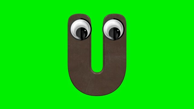 Funny cartoon letter character with 3d chocolate texture and eyes on green screen