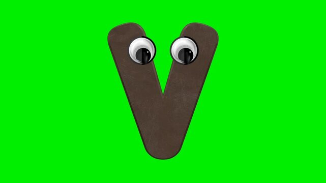 Funny cartoon letter character with 3d chocolate texture and eyes on green screen