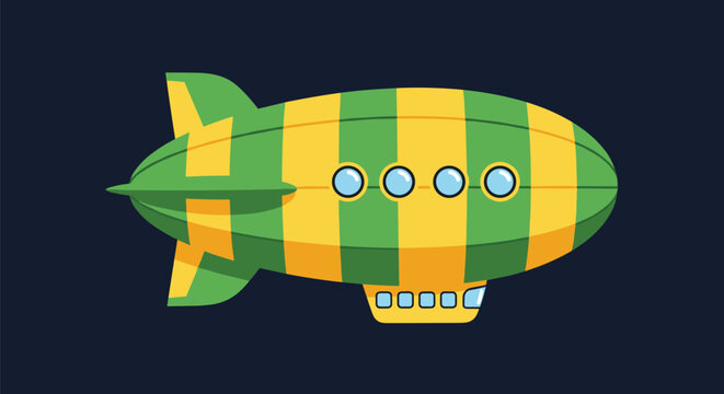 Green and yellow striped dirigible airship with round windows and a lower passenger cabin flies through a dark night sky.