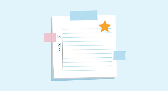 White paper checklist with lines and blue tape at the edges features a gold star in the upper right corner on blue backdrop.