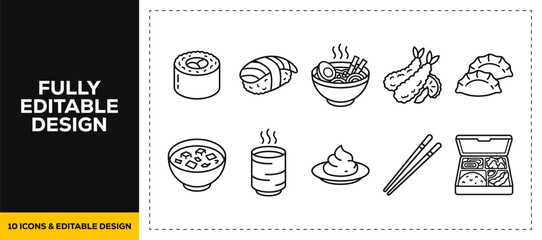 flat vector illustration line art icon bundle set design displaying authentic japanese sushi types delicious maki rolls nigiri chopsticks and asian seafood menus ui app © Md