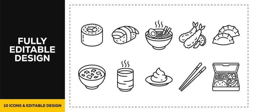 flat vector illustration line art icon bundle set design displaying authentic japanese sushi types delicious maki rolls nigiri chopsticks and asian seafood menus ui app