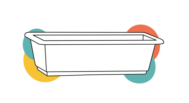 Empty rectangular planter box shown in a simple outline against a background of colorful circular abstract shapes.