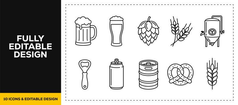 flat vector illustration line art icon bundle set design featuring craft beer brewery elements draft pints wooden kegs hops alcohol beverages and pub restaurant menus