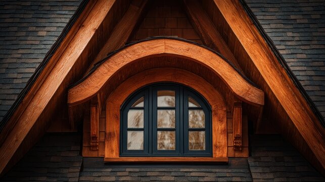 Detailed dormer window with ornate wooden arch on a dark shingled roof