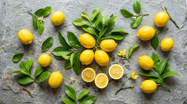 Flatlay composition of fresh lemons on dark marble background