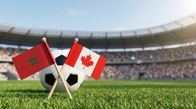 Crossed Morocco and Canada flags with soccer ball on green grass pitch in blurred stadium, international football match, sports competition.