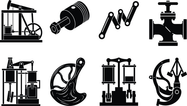 Vintage steam engines and industrial revolution mechanical hardware vector stencil set featuring beam engines pistons flywheel linkages and pressure valves