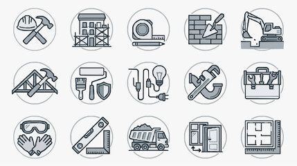 Professional Grayscale Line Set of 15 Essential Construction and Carpentry Tools and Equipment Icons © Indri