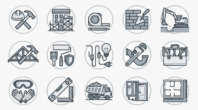 Professional Grayscale Line Set of 15 Essential Construction and Carpentry Tools and Equipment Icons