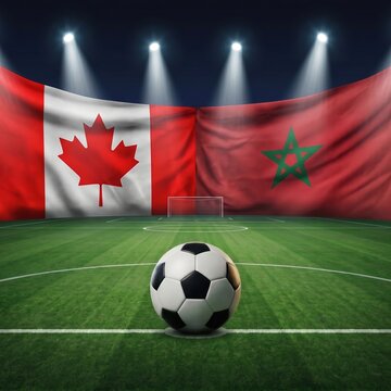 Soccer ball on green pitch with Canada and Morocco flags under stadium lights, international match background, football competition.