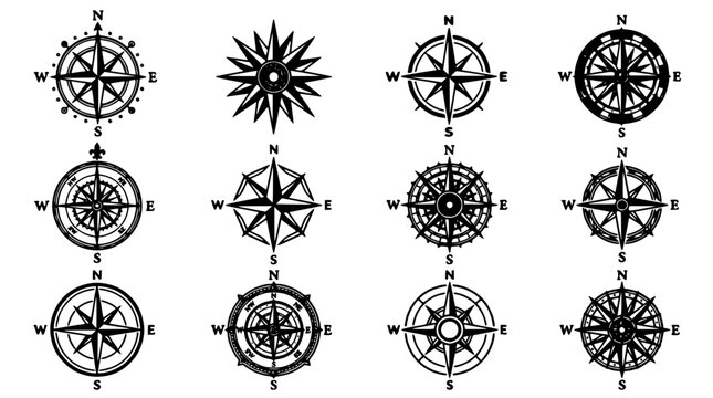 Compass Rose Icon Set with Decorative Geometric Star Designs, Navigation Symbols, and Direction Letters on White Background