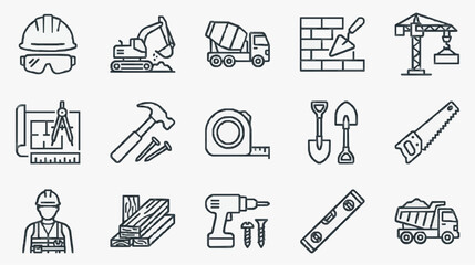 Elegant Monochromatic Line Illustrated Construction and Carpentry Tools Icon Set Featuring Safety Gear Equipment and Workers © Indri