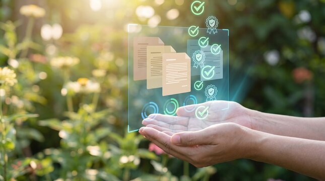 Digital Document Management and Quality Assurance Concept with Hand Holding Virtual Certification Icons in a Natural Garden Background
